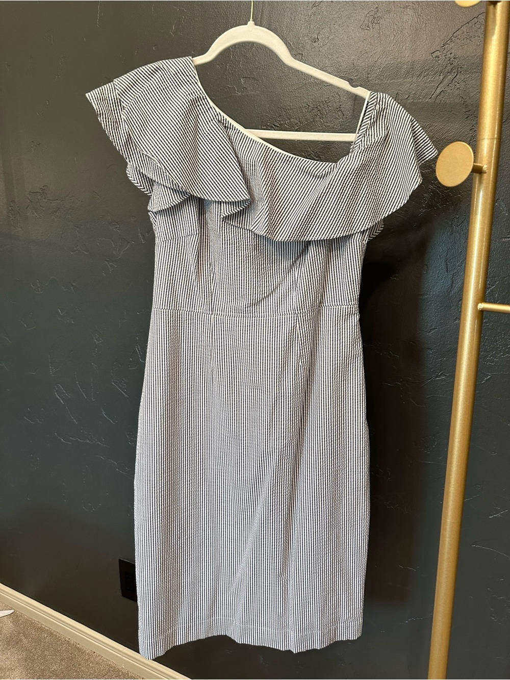 Banana Republic Blue and White Striped One-Shoulder Ruffle Dress